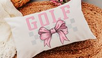pink bow golf lumbar pillow for bed, golf mom era coquette room decor pillow, lady golfer throw pillow for couch, cute golf gifts for women