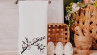 cherry blossom floral kitchen towels for gifts, Japanese aesthetic Japandi kitchen decor, bridal shower gift for bride to be, Sakura flower