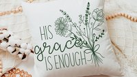 his grace is enough pillow for bedroom, Christian Mothers day gifts for godmother, moss green floral pillow covers 18 x 18, wildflower decor