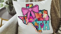 watercolor Texas throw pillow for bed cute Texas coquette kitchen towels for gift, floral Texas gifts for her, pink bow pillow cover 18 x 18