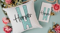 personalized turquoise gingham kitchen towels for gifts, pink flamingo hand towels for bathroom, cute initial dish towels for kitchen, beach