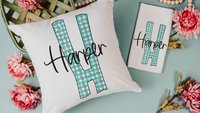 personalized turquoise gingham initial throw pillow for bed cute flamingo gifts for her, pink flamingo kitchen towels for gifts, beach house