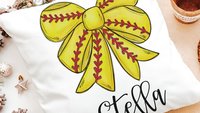 personalized softball coquette throw pillow for bed, softball bow accent pillows for couch, softball gifts for girls, softball mom gifts
