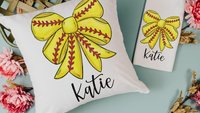 personalized softball coquette throw pillow for bed, softball bow accent pillows for couch, softball gifts for girls, softball mom gifts