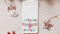 merry and bright Christmas kitchen towels for gifts, colorful Christmas hand towels for bathroom, stocking stuffers for her, pink Christmas