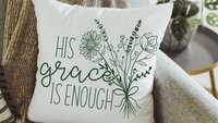 his grace is enough pillow for bedroom, Christian Mothers day gifts for godmother, moss green floral pillow covers 18 x 18, wildflower decor