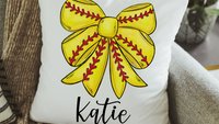 personalized softball coquette bow softball throw pillows for bed cute softball mom gift set for women, softball bow kitchen towels for gift