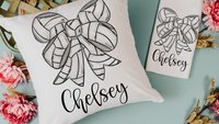 personalized volleyball coquette bow throw pillow with name, cute volleyball gifts for teenage girls, volleyball senior gifts for girls