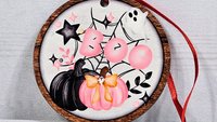 girly goth coquette Halloween tree ornament handmade, boo basket tag ghost ornament wood, cute Halloween gifts for adults, pink pumpkin door