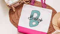 personalized initial tote bag with name, custom beach bag for teens, cute flamingo gifts for her, destination wedding bridesmaid gifts, best