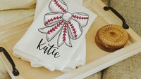 personalized baseball coquette kitchen towels with name, girly baseball bathroom decor, baseball mom gifts, baseball sister rally towel