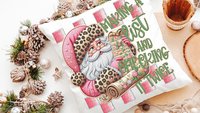 making a list and checking it twice pink Christmas throw pillows for couch, leopard print Santa Claus kitchen towels, sage green Christmas