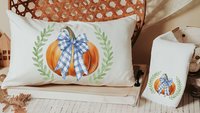 rustic pumpkin lumbar pillow for bed, Thanksgiving hostess gifts for women, farmhouse pumpkin decor for home, October birthday gifts for her