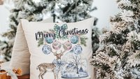 deer Christmas throw pillow for couch, chinoiserie Christmas decor for indoors, woodland Christmas kitchen towels, Christmas hostess gifts