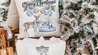 deer Christmas throw pillow for couch, chinoiserie Christmas decor for indoors, woodland Christmas kitchen towels, Christmas hostess gifts