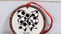 personalized soccer ornament for girls, soccer coquette car charms rear view mirror charm cute soccer Christmas ornament wood, soccer senior