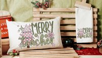 merry teacher mauve Christmas lumbar pillows for chair, moss green Christmas decor for indoors, cute Christmas gifts for teachers, stocking