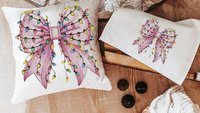 bow Christmas lights cute Christmas throw pillows for couch, coquette Christmas kitchen towels for friends, pink Christmas decor for home