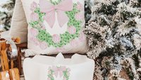pink chinoiserie Christmas throw pillows for couch, watercolor wreath Christmas kitchen towels for new home, trending Christmas gifts for