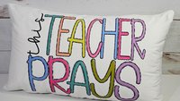 this teacher prays lumbar pillow for chair, Sunday school teacher gifts for women, Christian school teacher classroom decor, prayer pillow