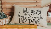 my best friend has paws dog throw pillow for sofa, dog lover gift for women, dog decor for home, dog mom gift, funny lumbar pillow for couch