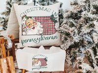 Santa Claus throw pillows for guest room, Pennsylvania Christmas gifts for neighbors, cute Christmas kitchen towel holiday hosting decor