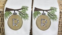 personalized initial hand towel for bathroom, custom farmhouse Christmas kitchen towels for couple, sage green Christmas kitchen decor, best
