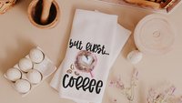 but first coffee kitchen towels for friends, coffee lover gifts for her, cute coffee bar accessories, the perfect blend coffee decor for