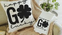 happy go lucky St Patricks day throw pillows for couch, St Patricks day kitchen towels, St Pattys decor, shamrock hand towels for bathroom