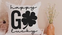 happy go lucky St Patricks day throw pillows for couch, St Patricks day kitchen towels, St Pattys decor, shamrock hand towels for bathroom