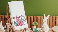 blue chinoiserie Easter bunny kitchen towel for Mom, pink toile de jouy Happy Easter hand towels for bathroom, grand millennial Easter tea