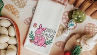 blue chinoiserie Easter bunny kitchen towel for Mom, pink toile de jouy Happy Easter hand towels for bathroom, grand millennial Easter tea