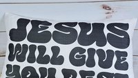 jesus will give you rest Bible verse throw pillow for bed, inspirational Christian gifts for sister, cute Christian encouragement gift for
