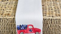 red truck farmhouse kitchen towel for Mom, Texas state flower bluebonnet gifts for women, moving to Texas gifts for her, wildflower hand