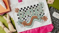 retro teacher tote bag for school, groovy teacher appreciation week gifts for women, reusable shopping bag, cute teacher gifts for coworkers