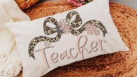 personalized blush pink teacher pillow for bed, leopard print bow throw pillow cover 12 by 20, coquette classroom decor teacher appreciation