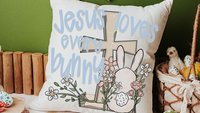 Jesus loves every bunny cute Easter throw pillow covers 18 x 18, Christian Easter bunny kids bathroom hand towels, whimsical Easter decor
