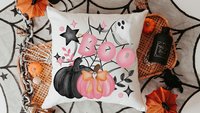 girly goth coquette Halloween tree ornament handmade, boo basket tag ghost ornament wood, cute Halloween gifts for adults, pink pumpkin door