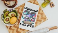 cookie dough kitchen towel for Mom, whimsical kitchen decor, made with love funny baking gifts for women, cookie kitchen linens, rolling in