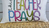 this teacher prays lumbar pillow for chair, Sunday school teacher gifts for women, Christian school teacher classroom decor, prayer pillow