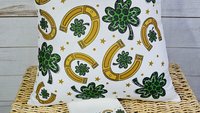 lucky charm gold horseshoe St Patricks day throw pillows for day bed, leopard print green shamrock St Pattys day decorative pillows for sofa