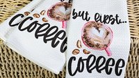 but first coffee kitchen towels for friends, coffee lover gifts for her, cute coffee bar accessories, the perfect blend coffee decor for