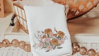 marigold flower kitchen towels, fall host gift, October birthday gifts for her, blush pink cosmos flower hand towels, fall style gift, guest