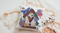 cute birdhouse floral throw pillow covers 18x18, bird lover gifts, Spring decor for home, bluebird kitchen towels for gifts, gardener gift
