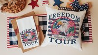 bald eagle freedom tour throw pillows for porch, Americana decor with pink floral 4th of July kitchen towels, patriotic gifts for women