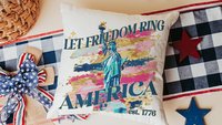 let freedom ring throw pillows for porch swing, Americana decor with pink 4th of July kitchen towels, military mom gifts, America est 1776