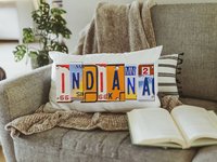 custom license plate state throw pillows for couch, realtor closing gift for buyers, Indiana gifts, bungalow decor, moving away gift for