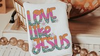 love like Jesus whimsical Christian kitchen towels, cute Christian gifts for sisters, pink checkered floral kitchen decor, faith kitchen
