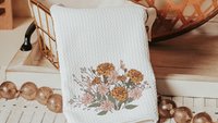 marigold flower kitchen towels, fall host gift, October birthday gifts for her, blush pink cosmos flower hand towels, fall style gift, guest
