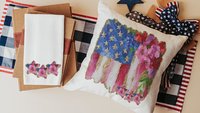 watercolor American flag throw pillow for porch swing, floral kitchen towels, 4th of July decor patriotic gifts for women, military wife
